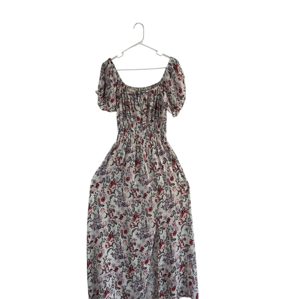 Floral Smocked Waist Maxi Dress in White with Red & Purple Flowers Prairie - Picture 7 of 15